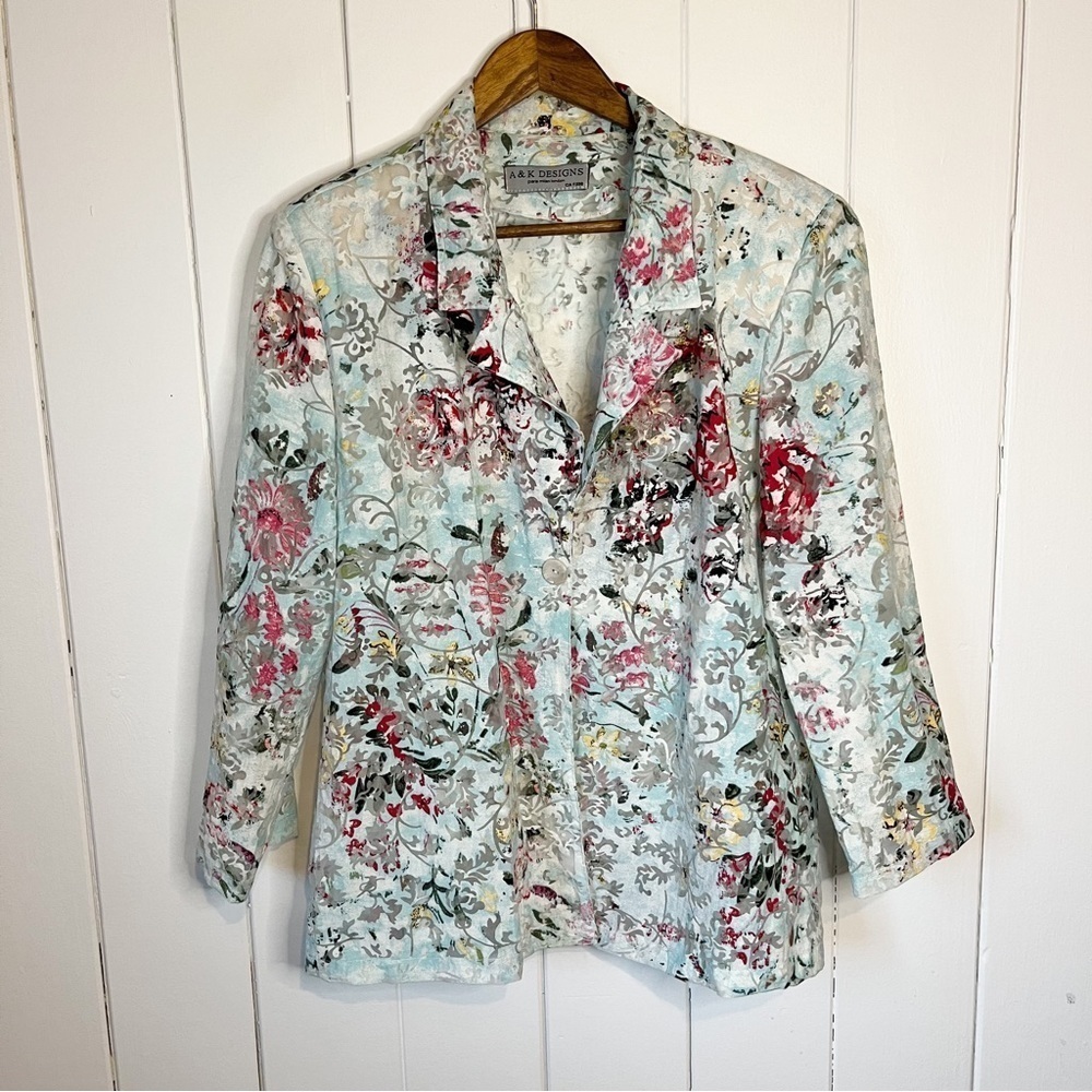 A & K Designs Sheer Floral Button Down Shirt.